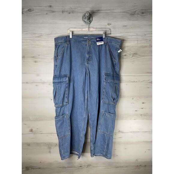 Old Navy Jeans Womens 20 Blue Mid-Rise Baggy Wide Leg Drapey Denim Cargo Pockets - Picture 1 of 16